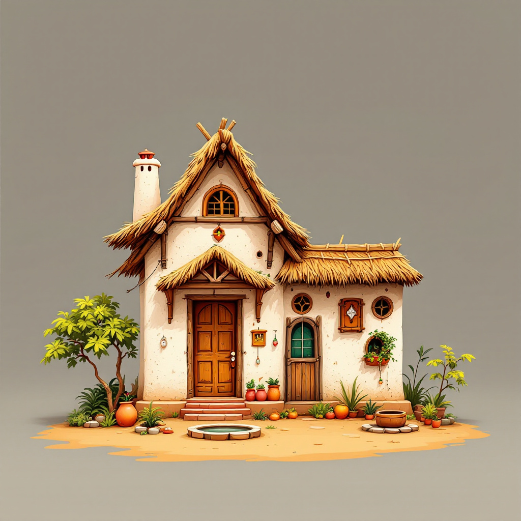 Charming cartoon house in white and yellow, featuring a thatched roof, porch with clay pots, and a vegetable garden, showcasing village life.