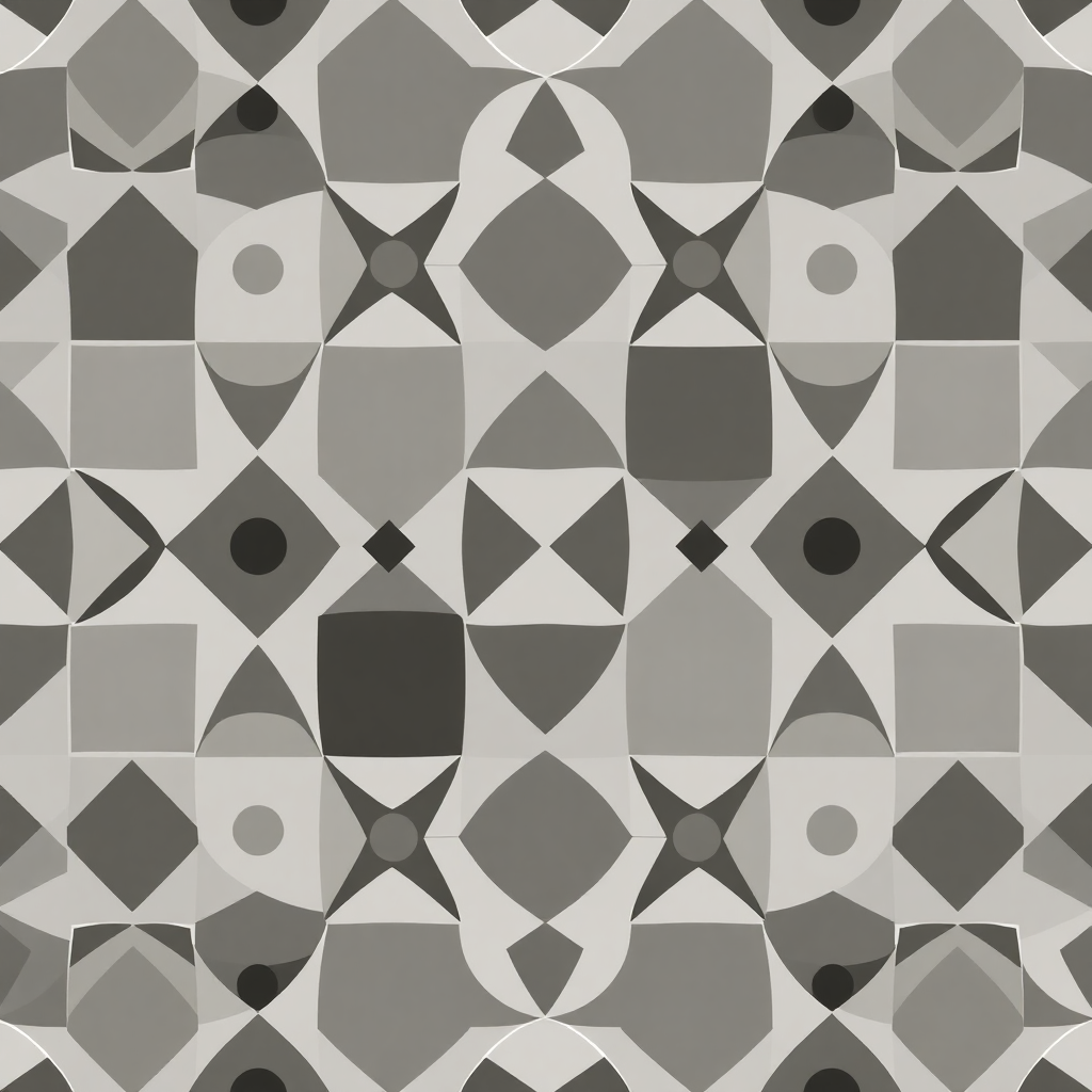 Seamless monochrome geometric pattern featuring interconnected triangles, squares, and circles, ideal for background pattern generation.