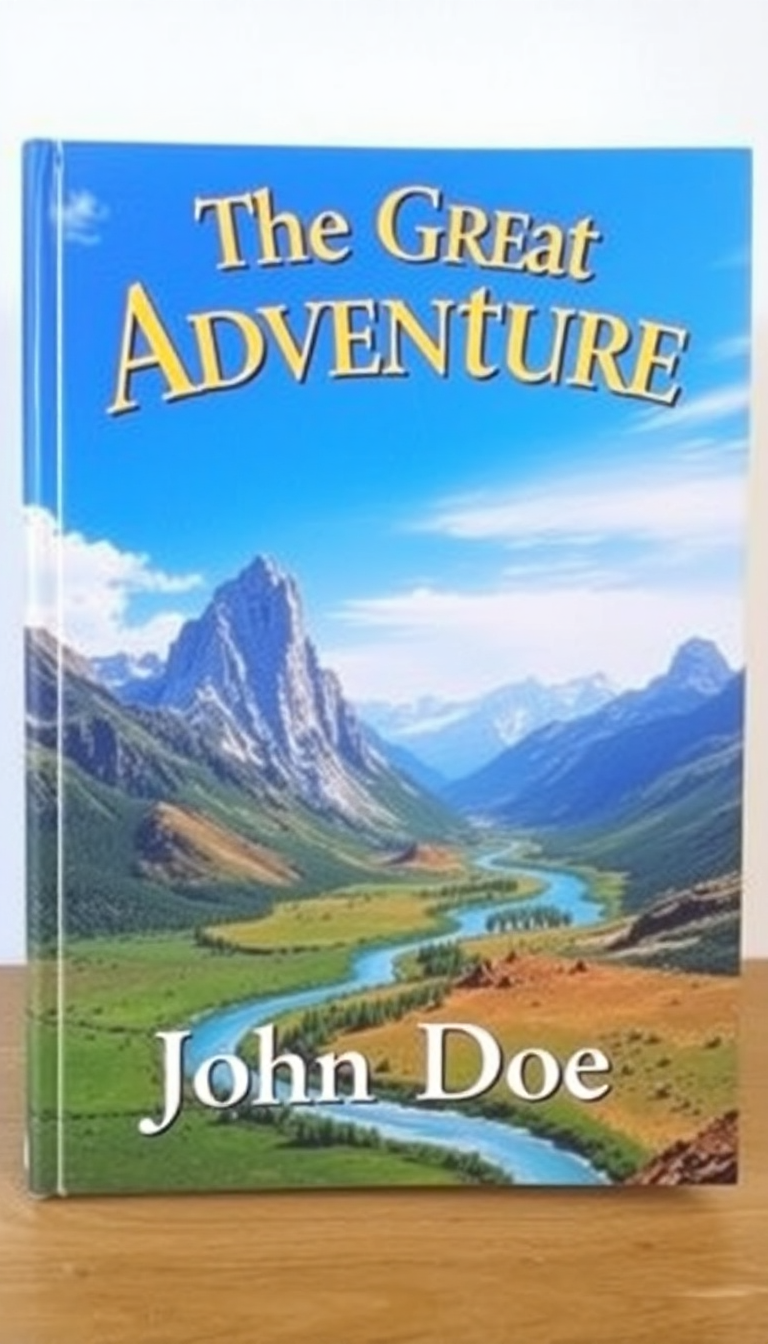 Vibrant book cover for "The Great Adventure" featuring mountains, a river, and bold lettering, perfect for Amazon book cover design.