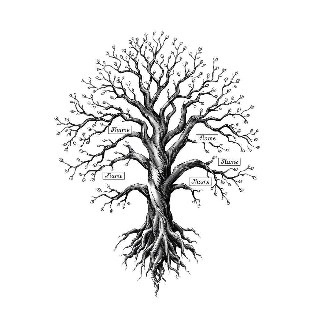 Realistic family tree tattoo design with detailed branches and roots, featuring elegant spaces for names on a white background.