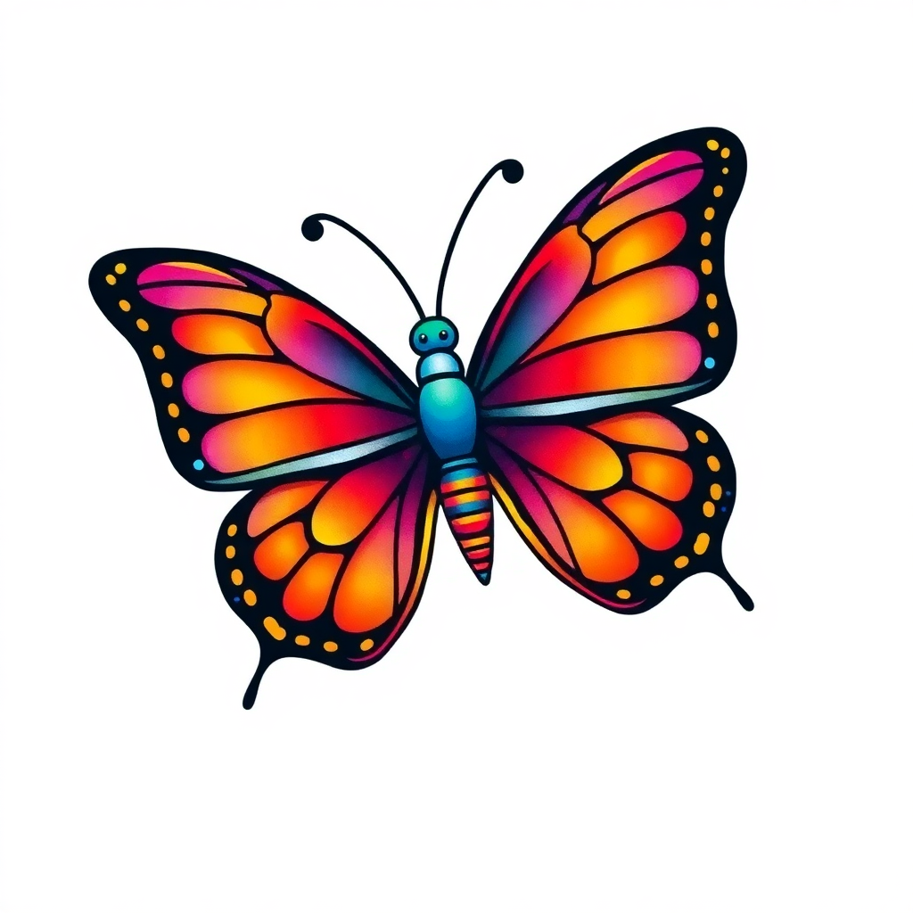 Vibrant New School butterfly tattoo design with bold colors and intricate patterns, perfect for a custom tattoo maker.