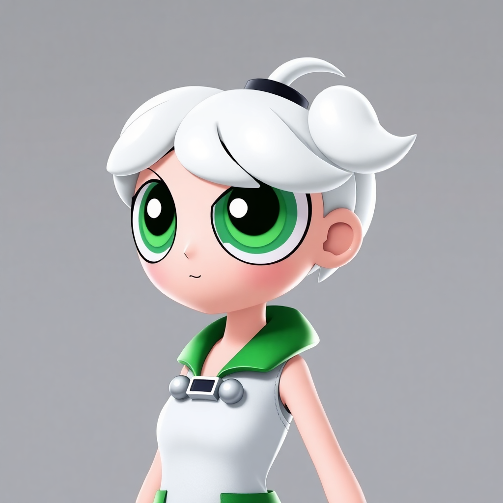 Customized Powerpuff character featuring a unique hairstyle and stylish outfit in white and green, showcasing powerpuff yourself creativity.