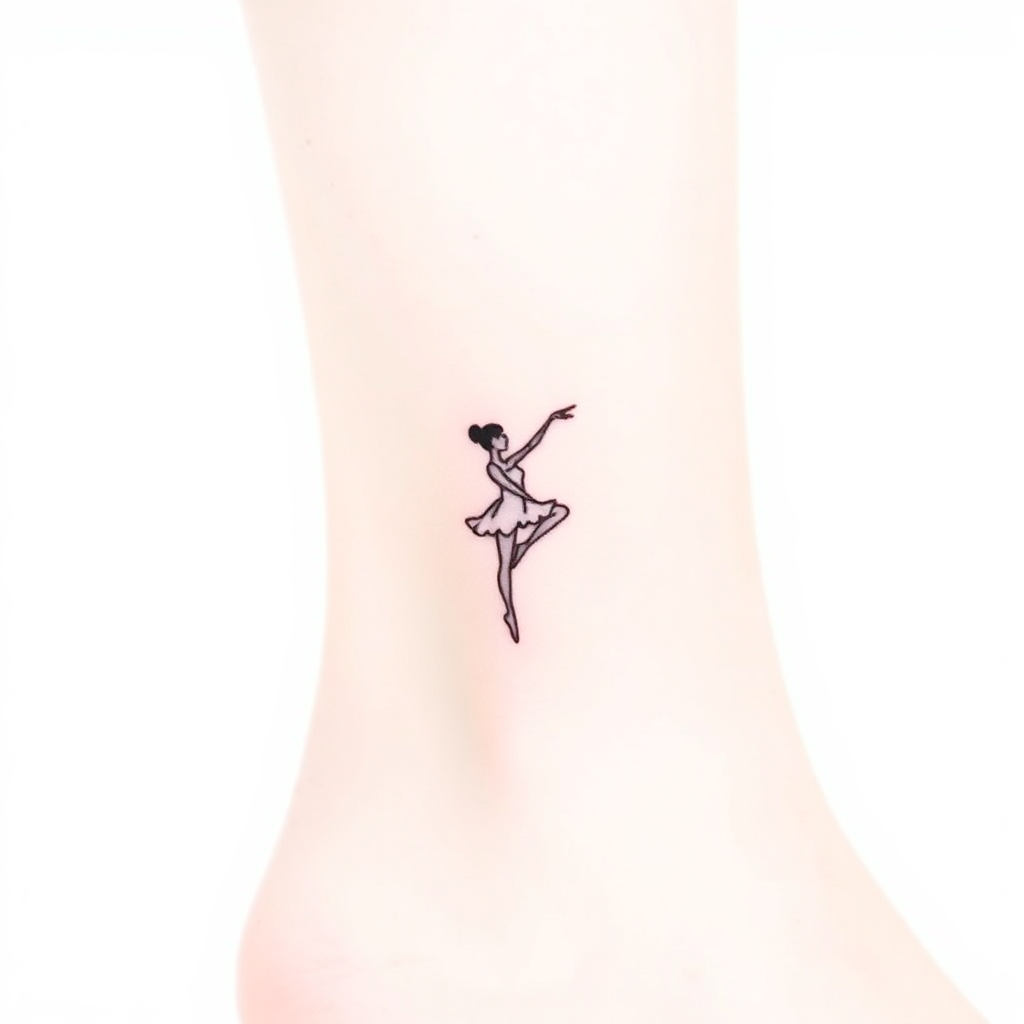 Minimalist ballet dancer silhouette tattoo in arabesque, showcasing elegance and fluidity, ideal for ankle placement.
