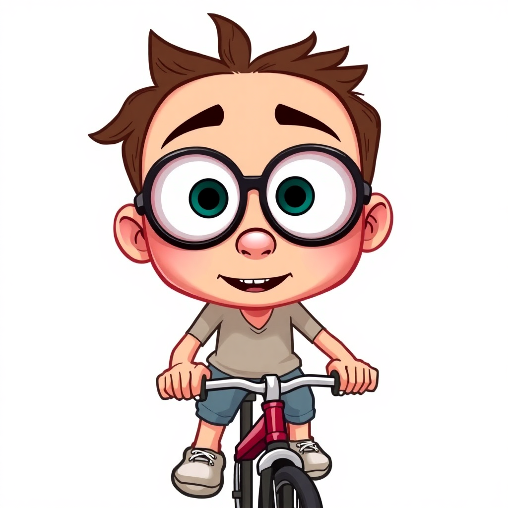 A cartoonish caricature of a person with large eyes riding a bike.
