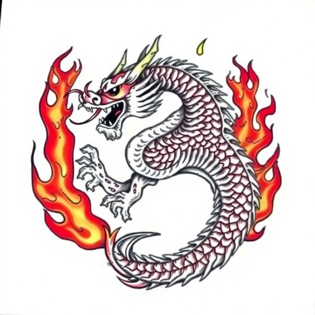 Fierce American traditional dragon tattoo design with bold flames, vibrant colors, and thick lines on a white background.
