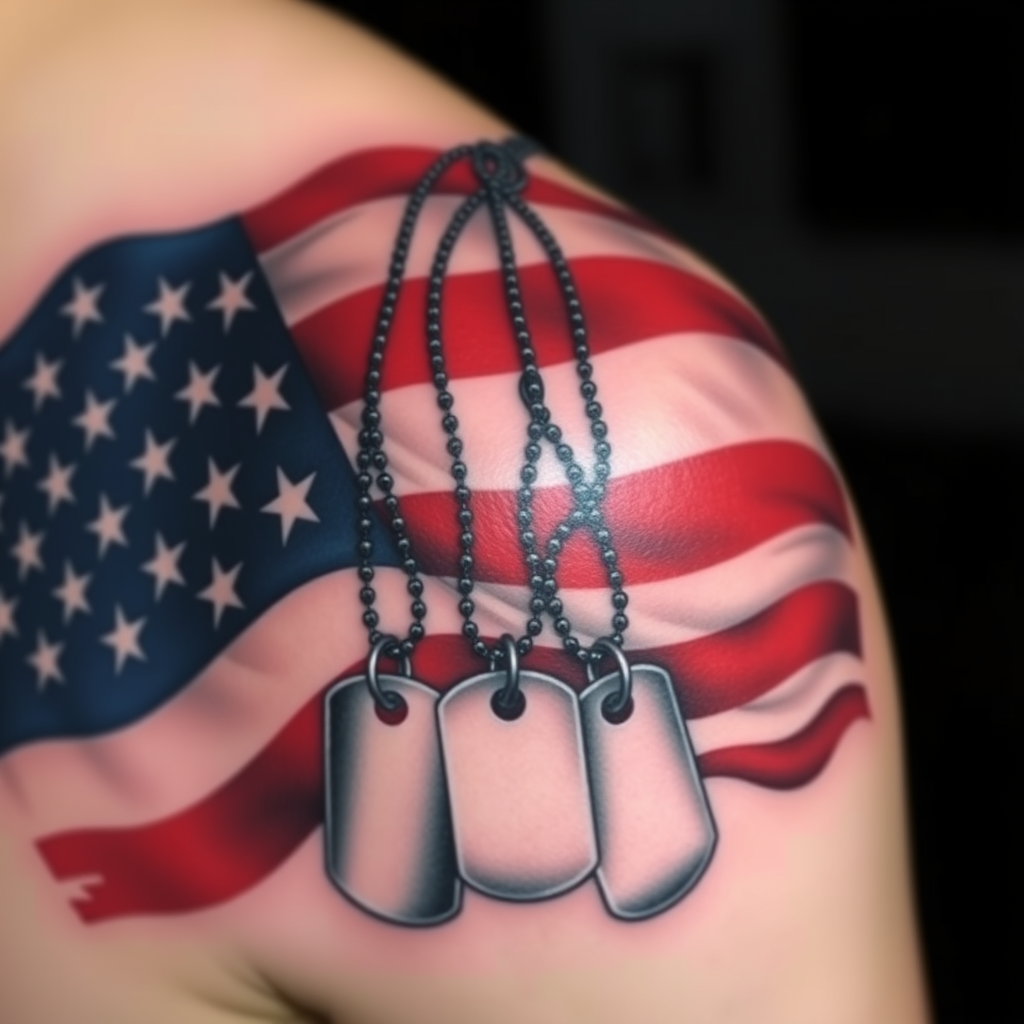 A vibrant and colorful tattoo design featuring an American flag waving in the background with detailed, realistic shading. In the foreground, a pair of military dog tags hang prominently across the flag, with reflective surfaces capturing subtle shades of red, white, and blue from the flag. The design is medium-sized, ideal for a shoulder placement, emphasizing patriotic themes and honoring military service.
