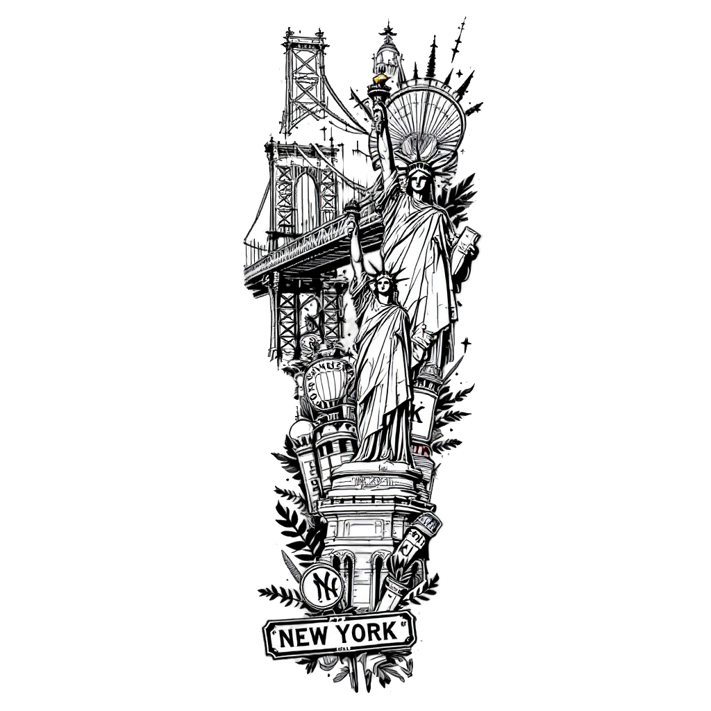 Intricate black and white forearm tattoo sleeve featuring the Brooklyn Bridge, Statue of Liberty, and NYC logos.
