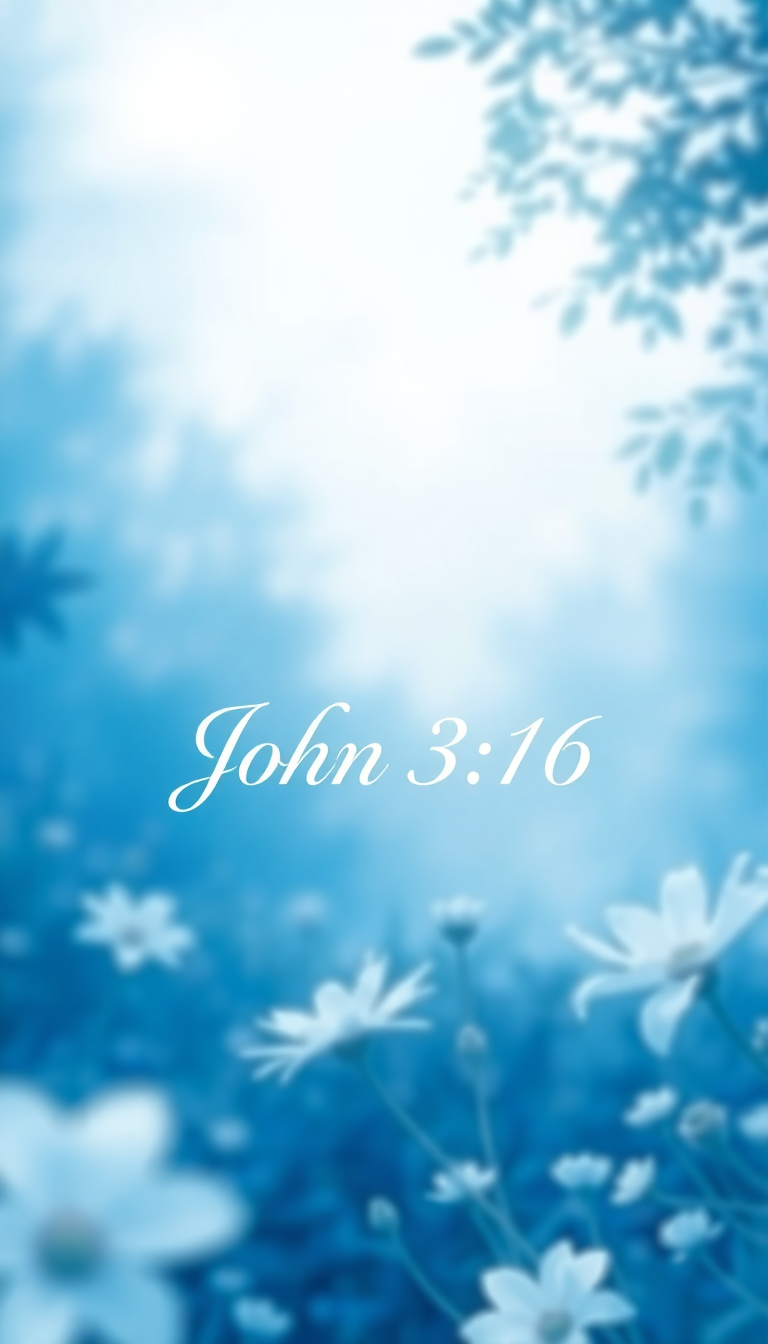 A peaceful nature scene with a blue and white color palette, featuring "John 3:16" elegantly displayed.
