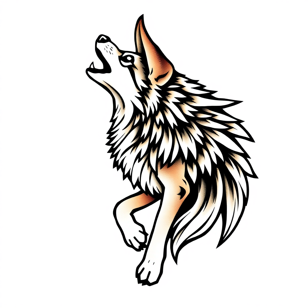Traditional style howling coyote tattoo with bold lines and classic color palette on a solid white background - large
