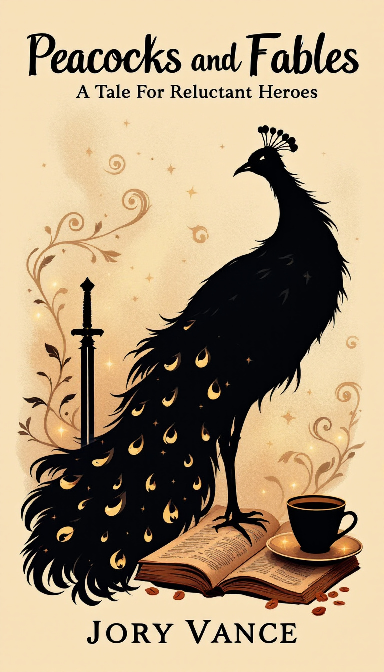 Sleek black peacock silhouette on a warm-toned book cover, featuring whimsical title and cozy elements like coffee and a sword.