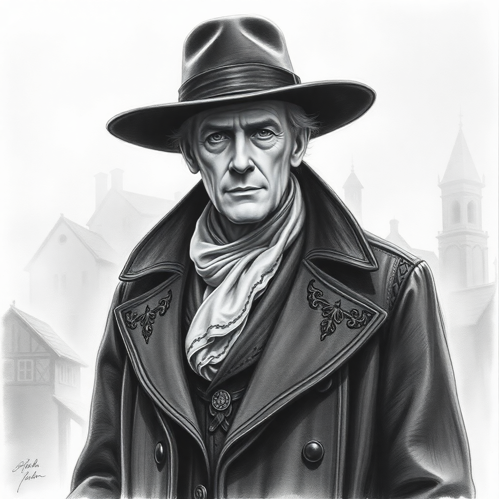 Charcoal sketch of Peter Cushing as a stern witch hunter in a foggy 17th-century village, showcasing detailed attire and expression.