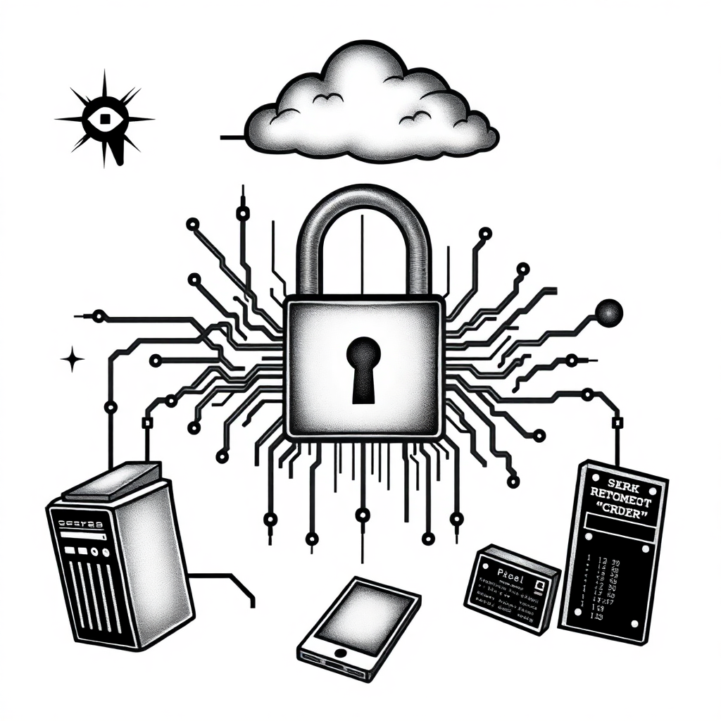 Cyber realism tattoo design featuring a lock, circuit board, cloud, and code snippets, perfect for cyber security tattoo ideas.