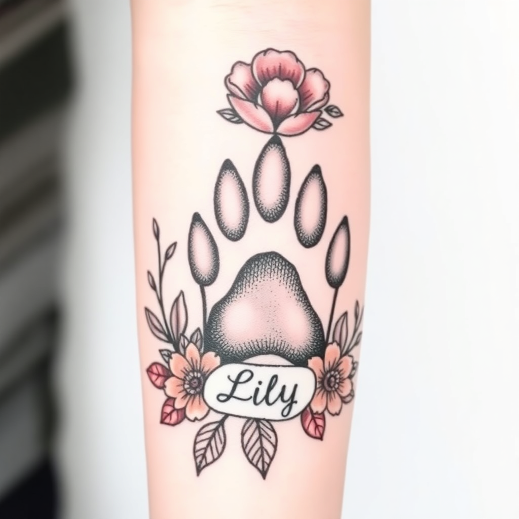 Realistic half sleeve tattoo featuring a dog's paw print and floral elements, symbolizing love and remembrance for a lost pet.