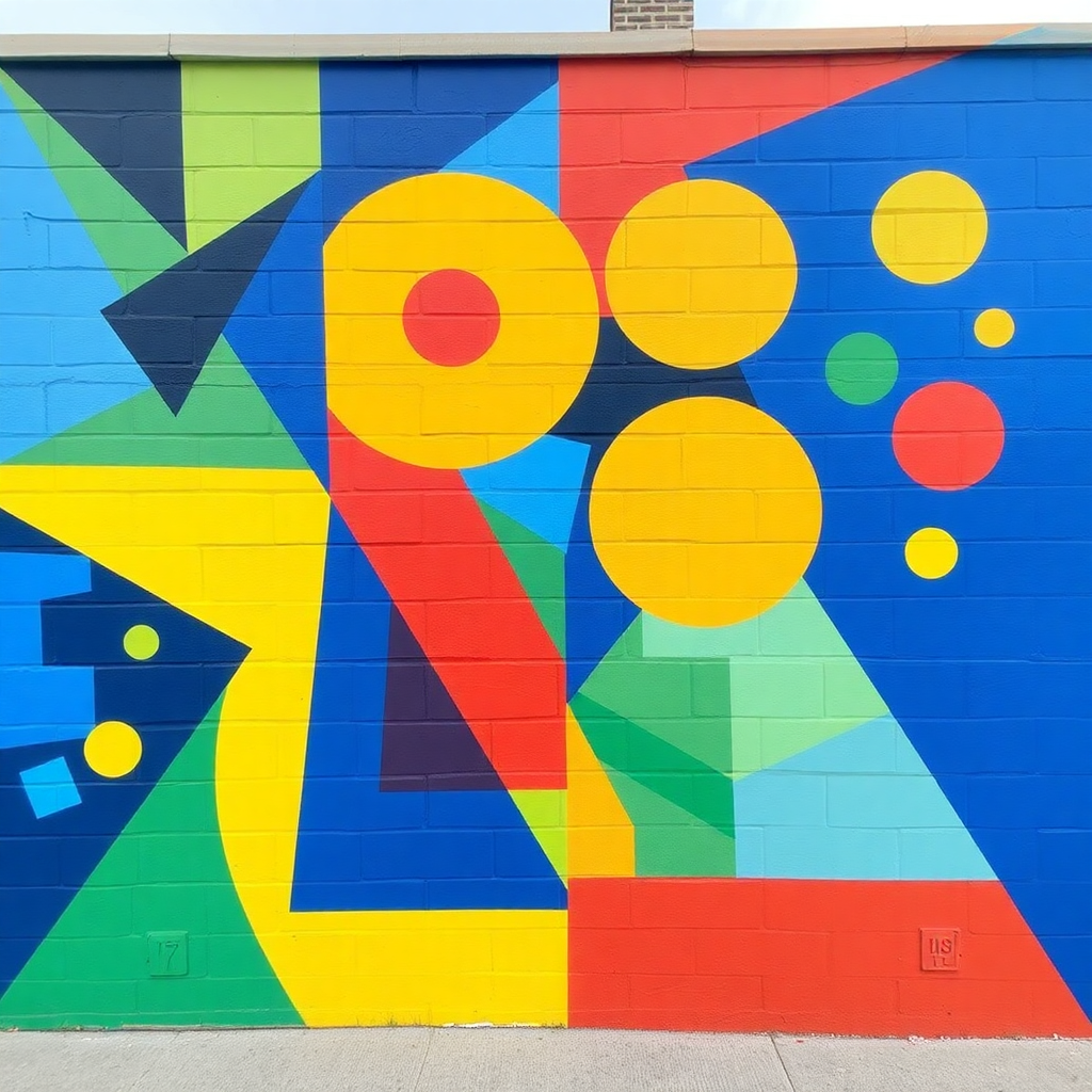 Vibrant abstract outdoor wall painting with geometric shapes in bold colors, perfect for backyard murals and exterior wall ideas.