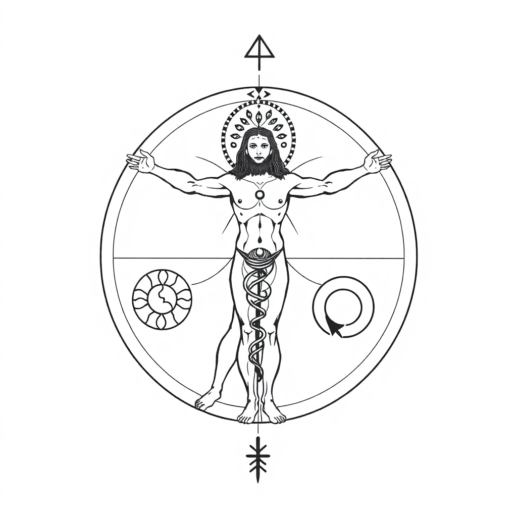 Geometric Vitruvian Man tattoo featuring symbols of growth like a tree, spiral, and arrow on a white background.