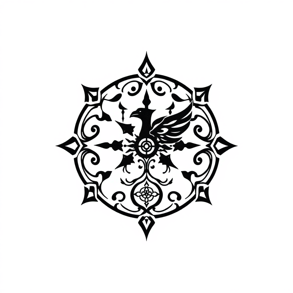 "Small tattoo design of Sasuke's curse mark, featuring intricate geometrical swirling patterns and sharp edges, with the incorporation of a detailed minimalist raven and a mystical symbol, on a solid white background with a dark gradient. MAKE SURE THIS INCLUDES THE TEXT _____ if there actually is text to be included."