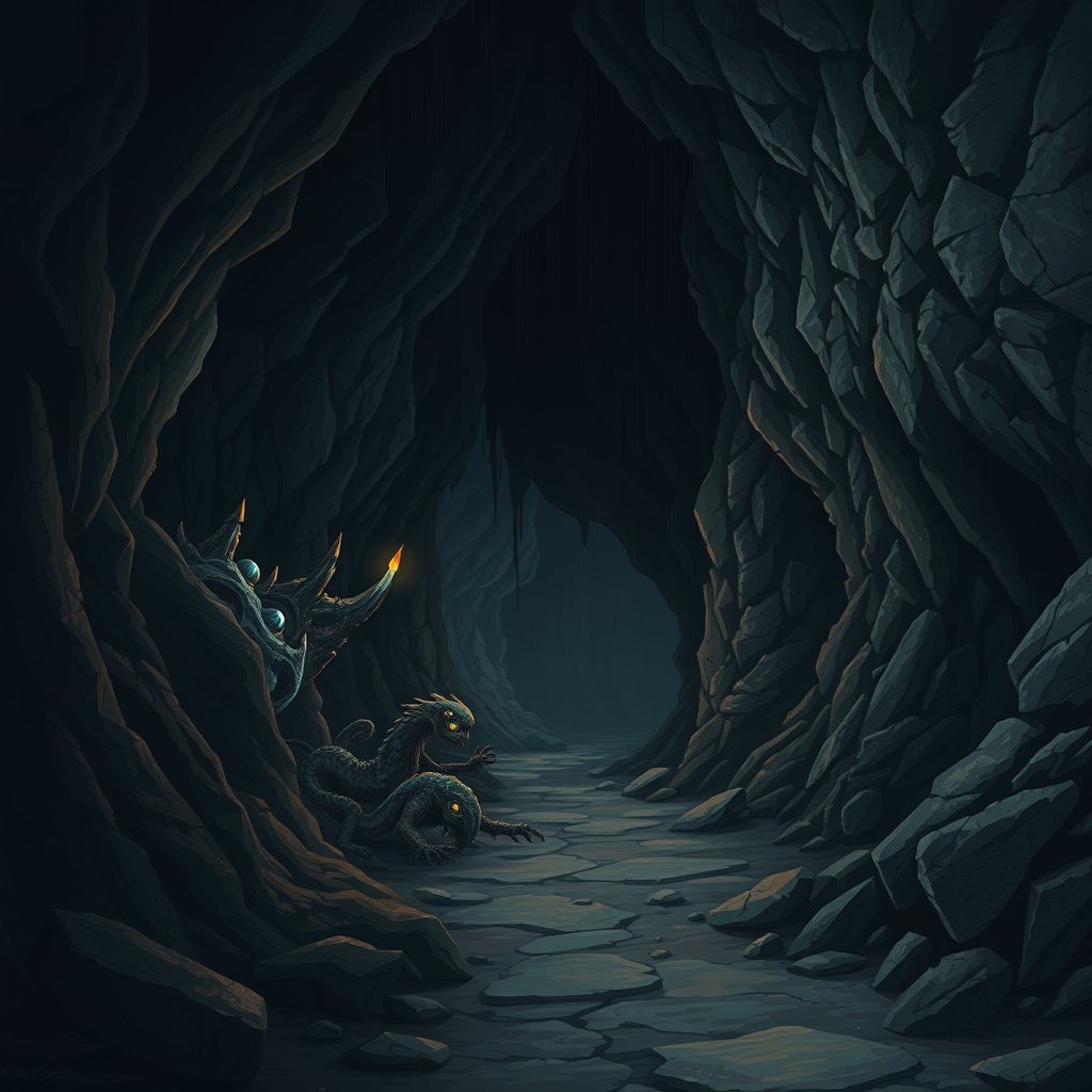 Dark cave dungeon with glistening stone walls, glowing crystals, lurking monsters, and hidden traps, ideal for dungeon game backgrounds.