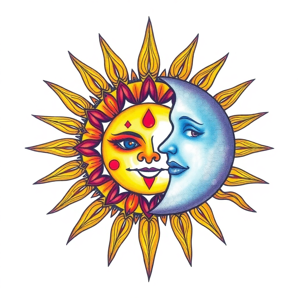 Colorful bohemian mandala sun and moon tattoo design with intricate patterns, vibrant colors, and a serene white background.