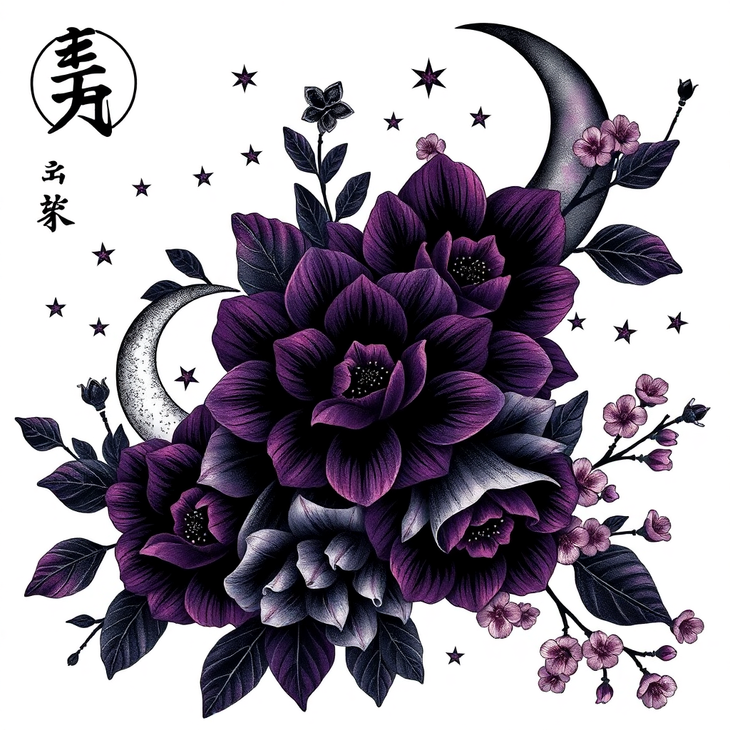 Large, witchy floral tattoo design with dark flowers, crescent moons, and stars, perfect for women's cover up tattoo ideas.