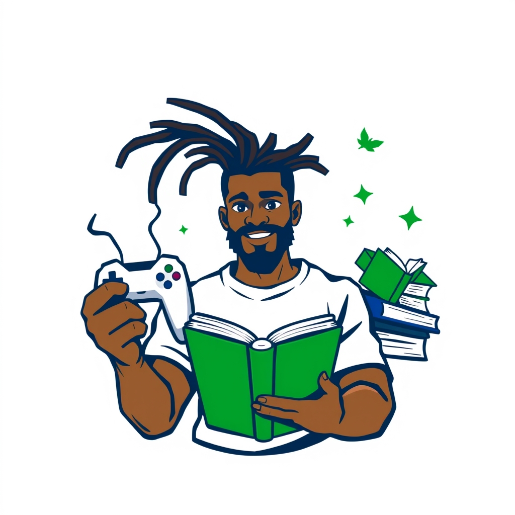Determined brown-skinned man with dreadlocks holds a game controller and book, surrounded by gaming and book elements, on a white background.