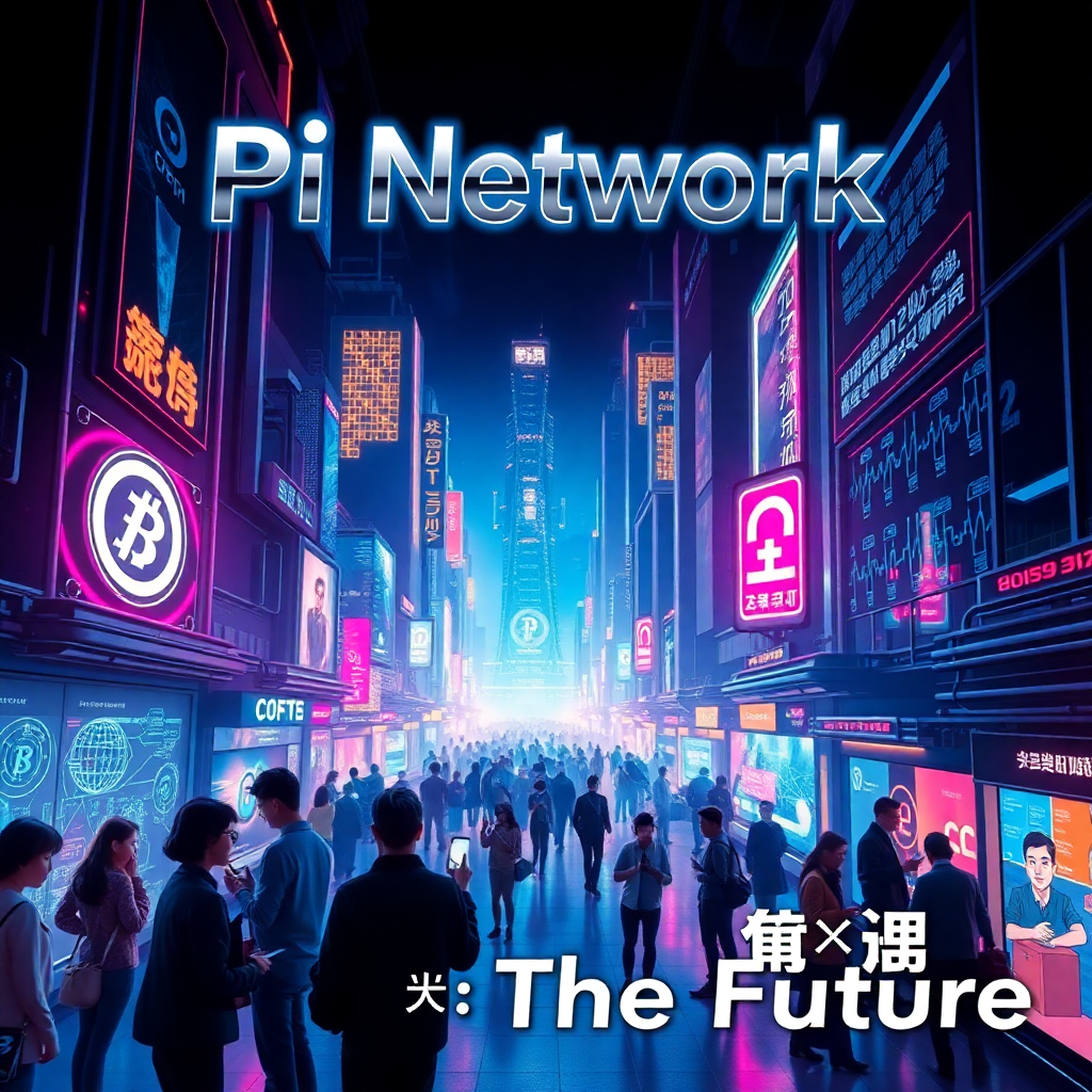 Futuristic metalcore album cover featuring "π The Future" by Pi Network, with neon cityscape and holographic displays.