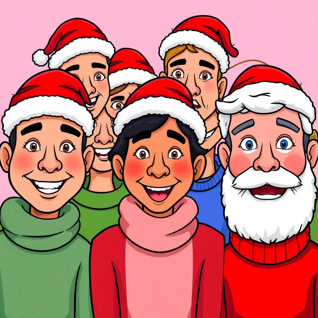Cartoon-style group portrait with festive Christmas hats, showcasing vibrant colors and exaggerated features, perfect for an AI portrait generator.