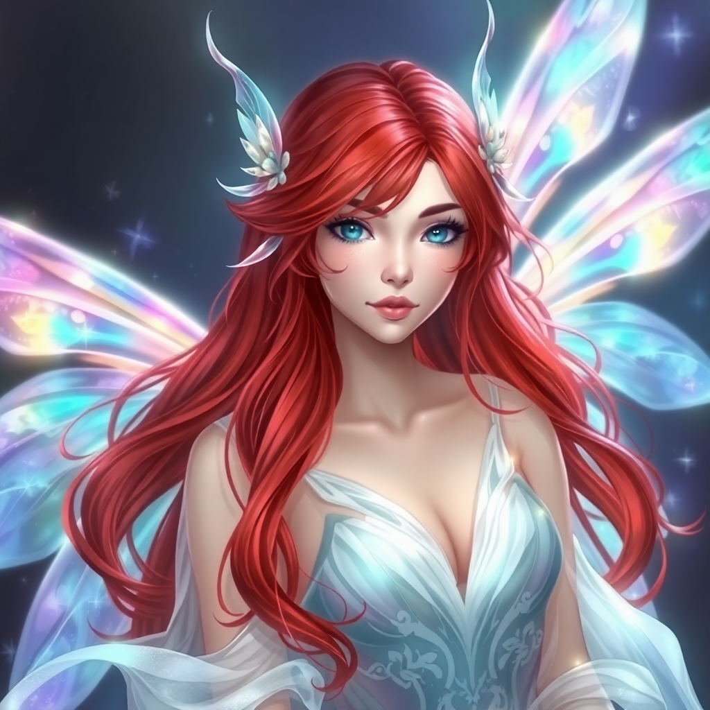Fantasy female character with long red hair, blue eyes, and iridescent wings, showcasing ethereal attire in a magical pose.