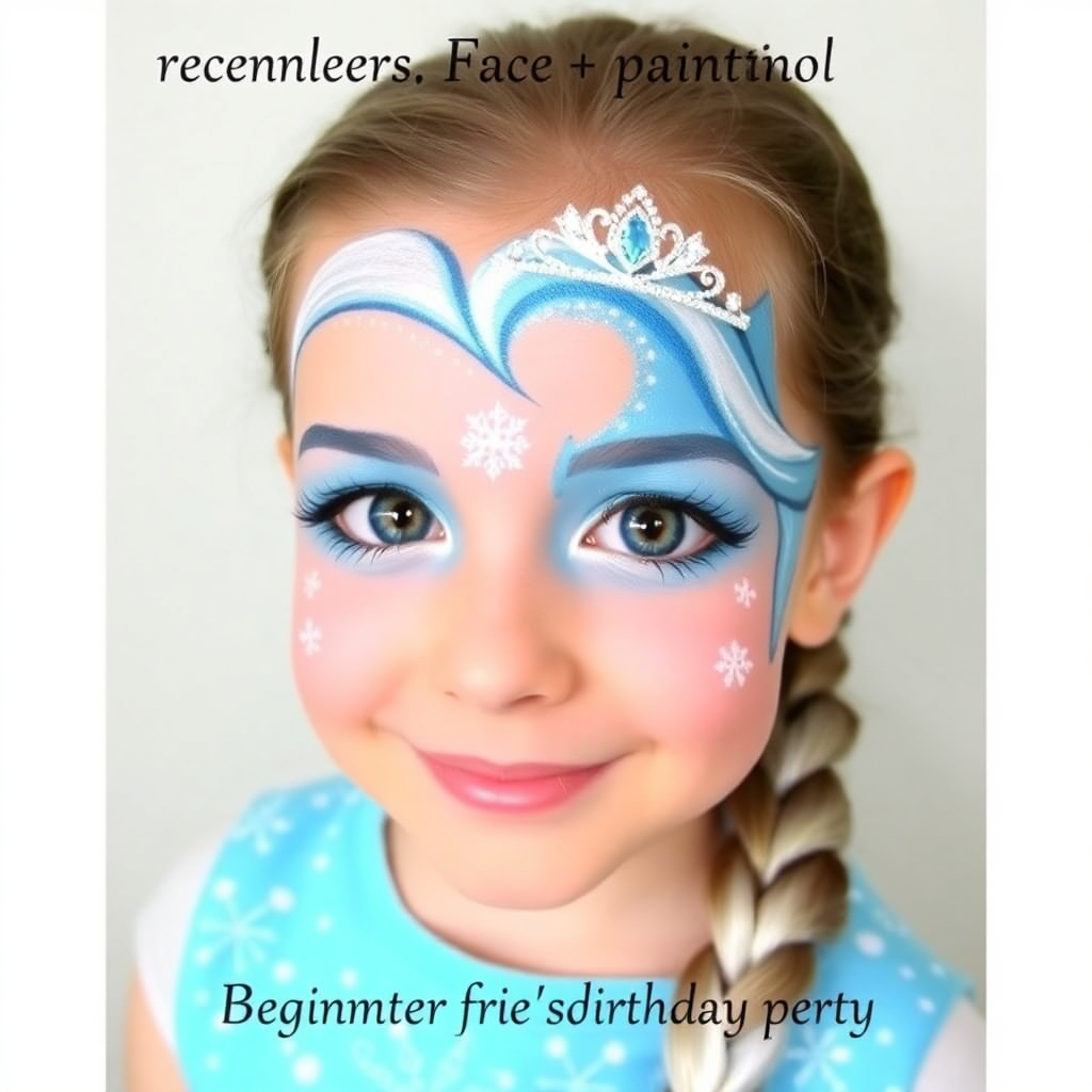 Enchanting Elsa face painting design with light blue and white colors, snowflakes, a braid, and a sparkling tiara for birthday fun.