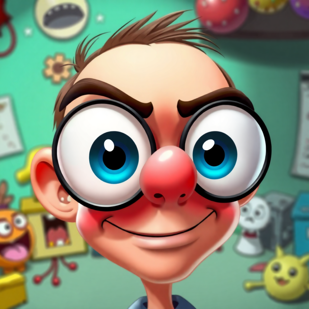 A vibrant cartoon caricature featuring exaggerated eyes, set against a humorous background with playful elements. 
