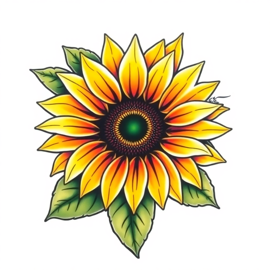 Vibrant American Traditional sunflower tattoo design with bold outlines and detailed leaves on a solid white background.