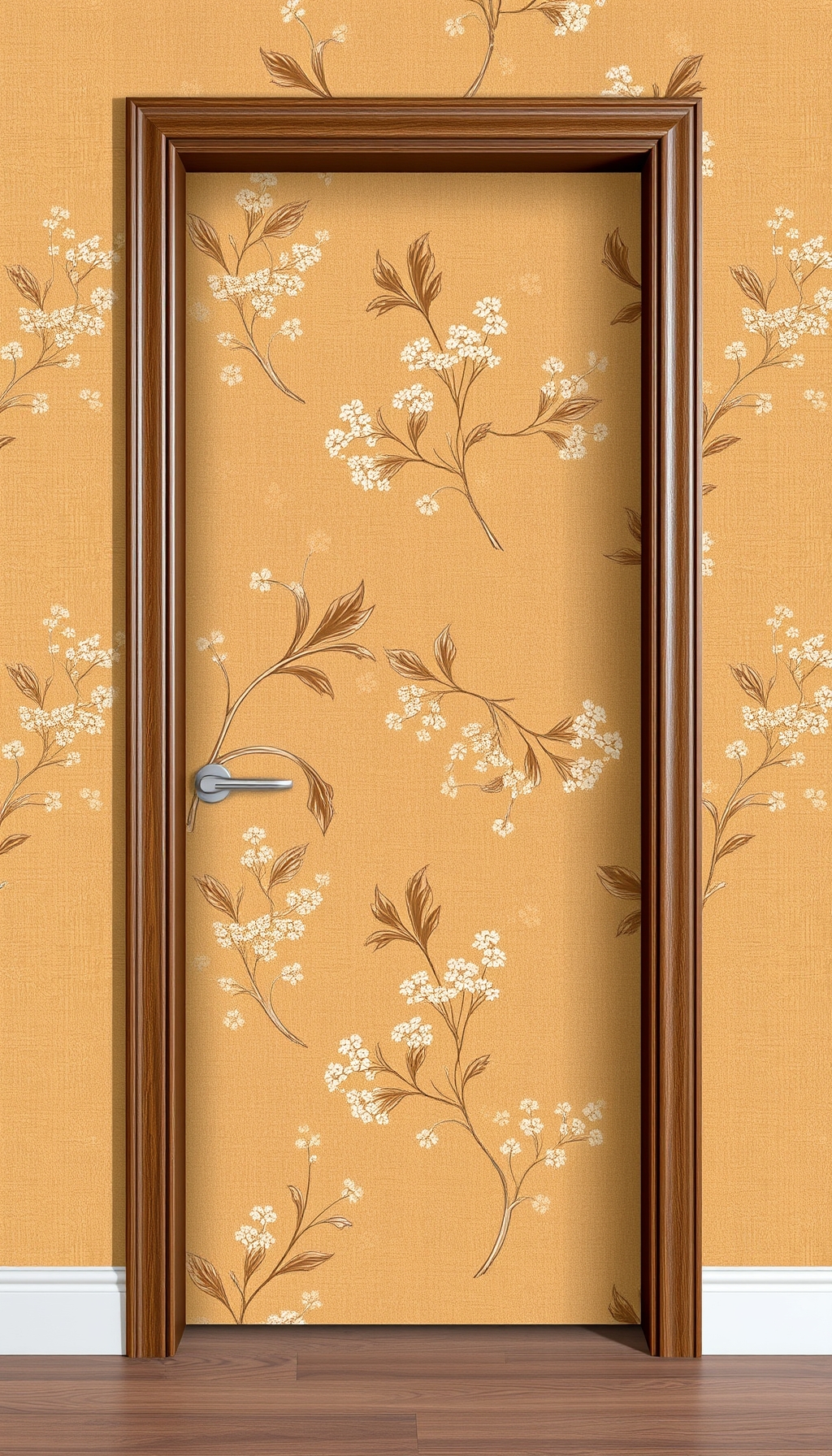 Modern door wallpaper featuring earthy tones and floral motifs, perfect for enhancing any doorway's aesthetic appeal.