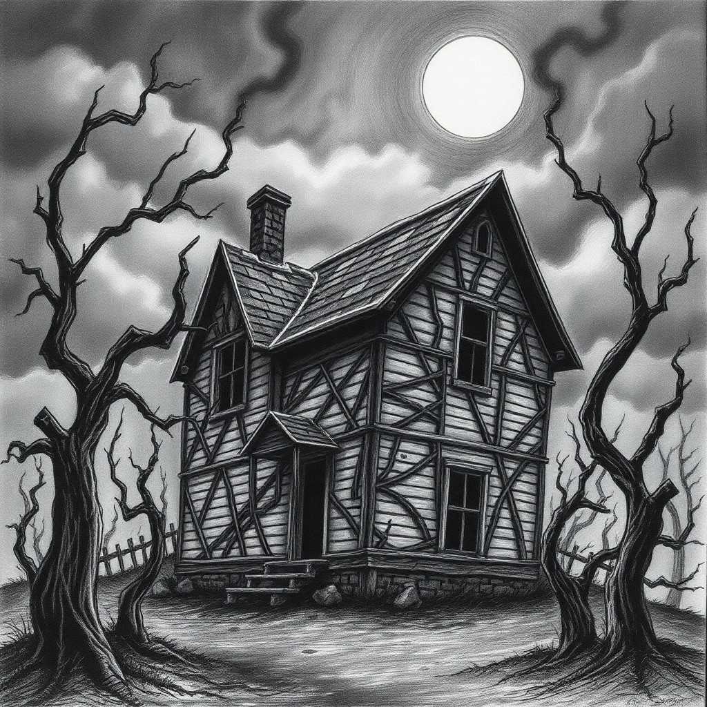 A spooky haunted house drawing features broken windows, a sagging roof, and eerie shadows under a full moon, perfect for Halloween inspiration.
