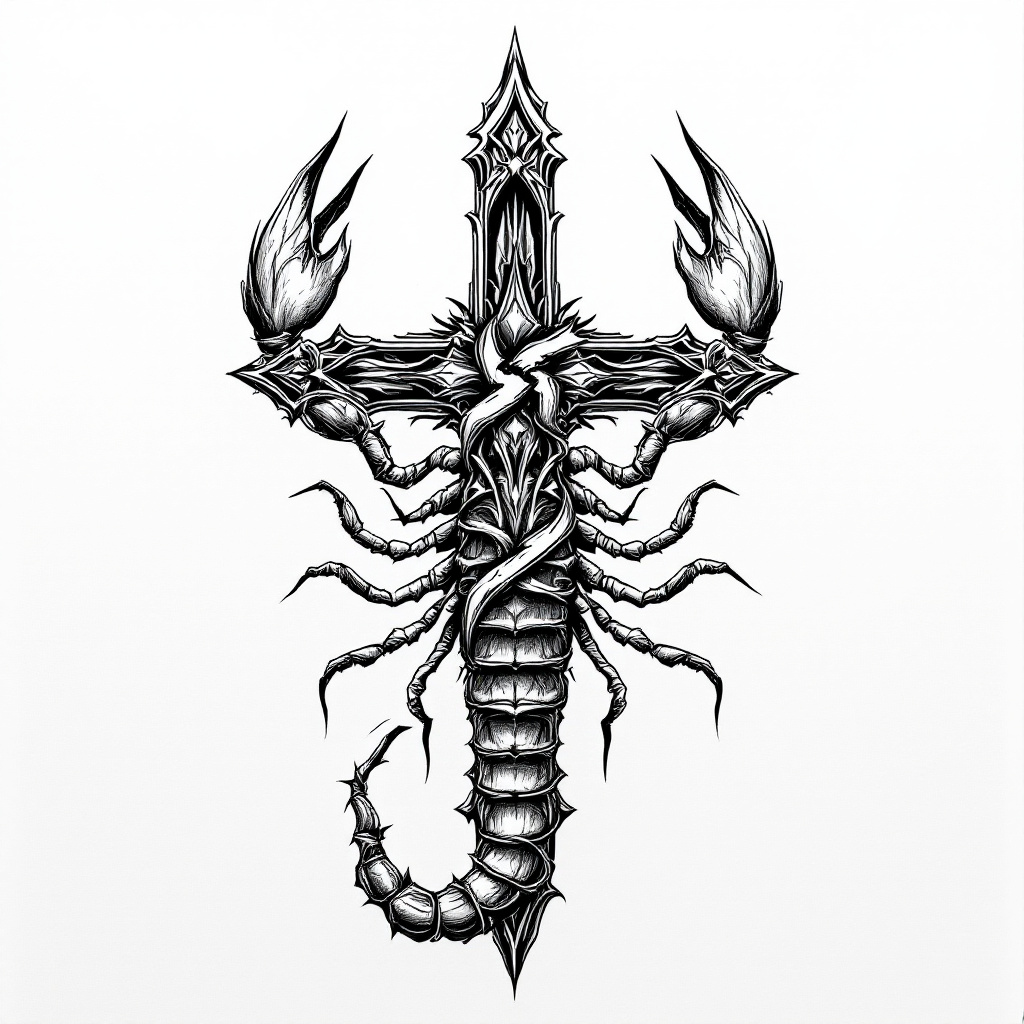 Intricate scorpion tattoo design featuring a broken cross intertwined with the tail, symbolizing strength on a white background.