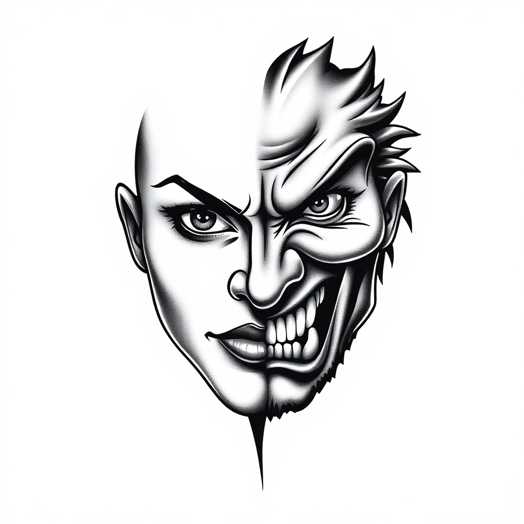 Realistic two face tattoo design featuring a serene side and a fierce side with intricate shading on a white background.
