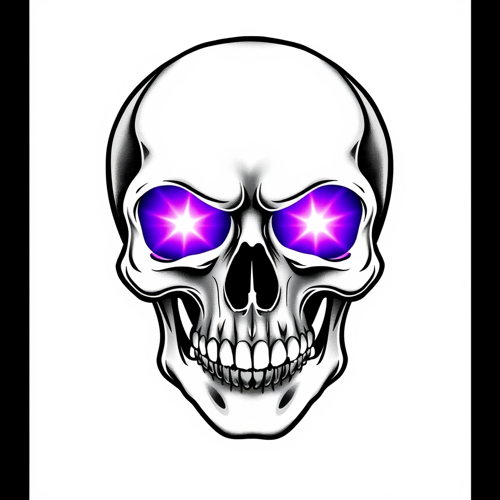 Bold American Traditional skull tattoo design with purple glowing eyeholes, showcasing classic shading on a white background.