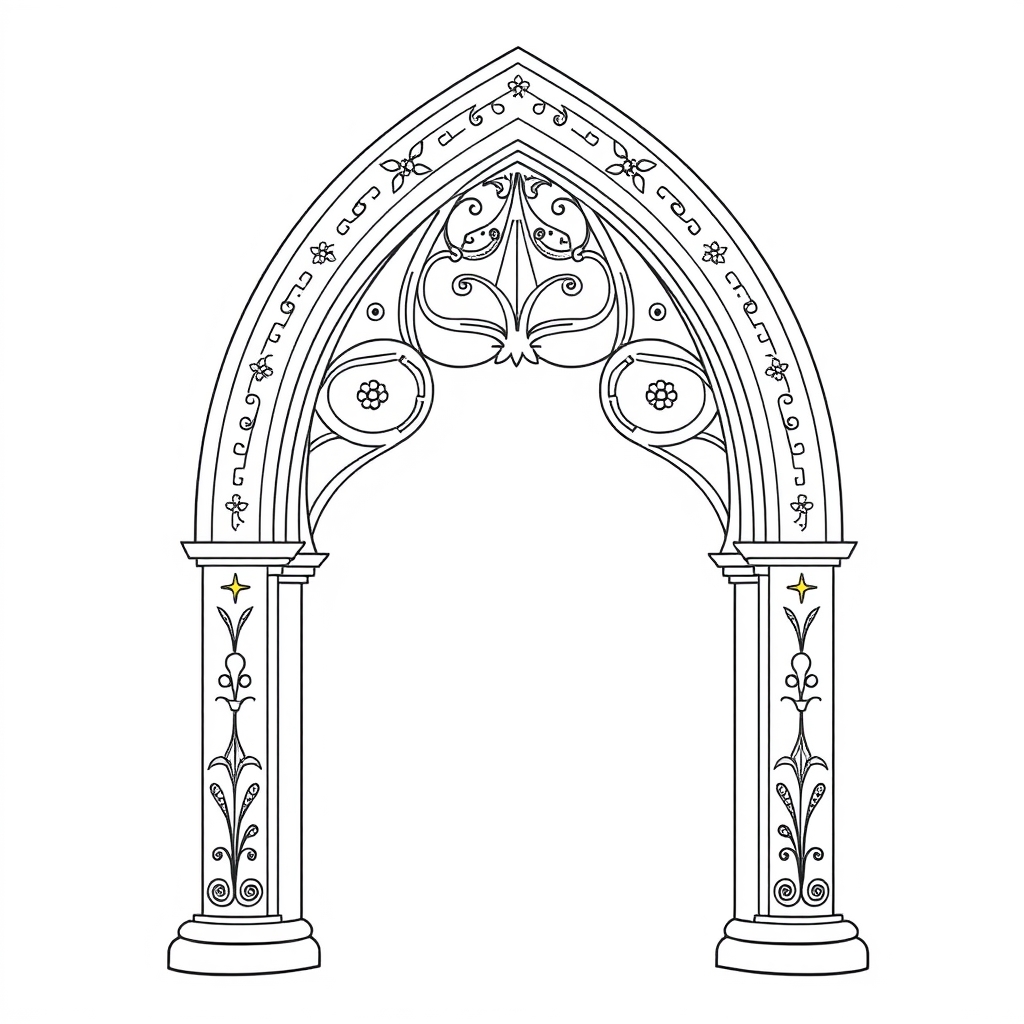 Beginner-friendly Gothic archway illustration featuring simple patterns and floral motifs, perfect for easy tracing projects.