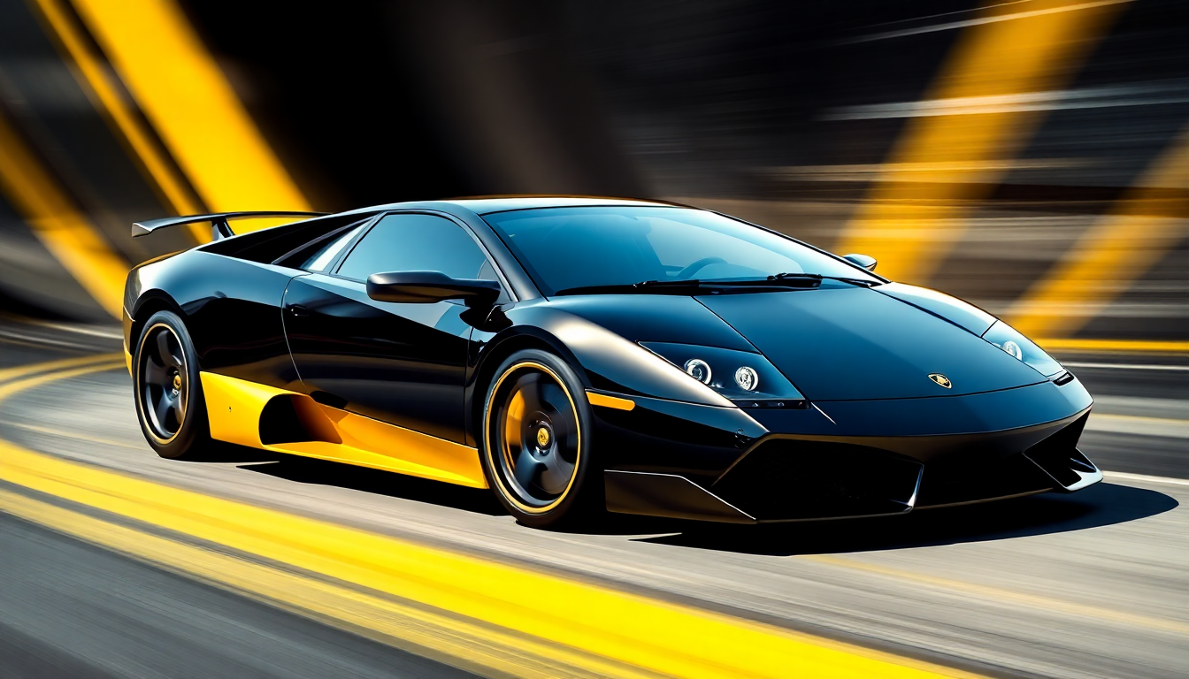 Sleek black Lamborghini Murcielago with yellow accents, set against a dynamic backdrop, perfect for Murcielago wallpaper enthusiasts.