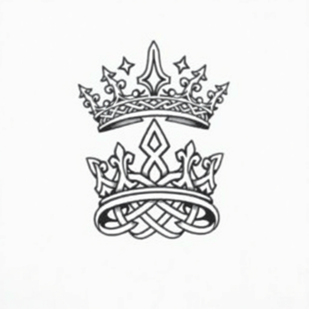 Medium Celtic crown tattoo design featuring intricate Celtic knots intertwined with an ornate crown, solid white background 