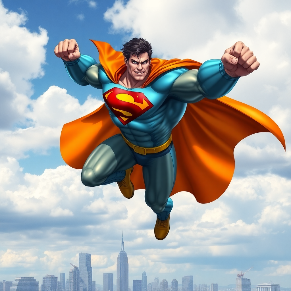 Superhero in a dynamic pose, soaring over a city skyline, ready to face challenges with a determined expression and vibrant costume.