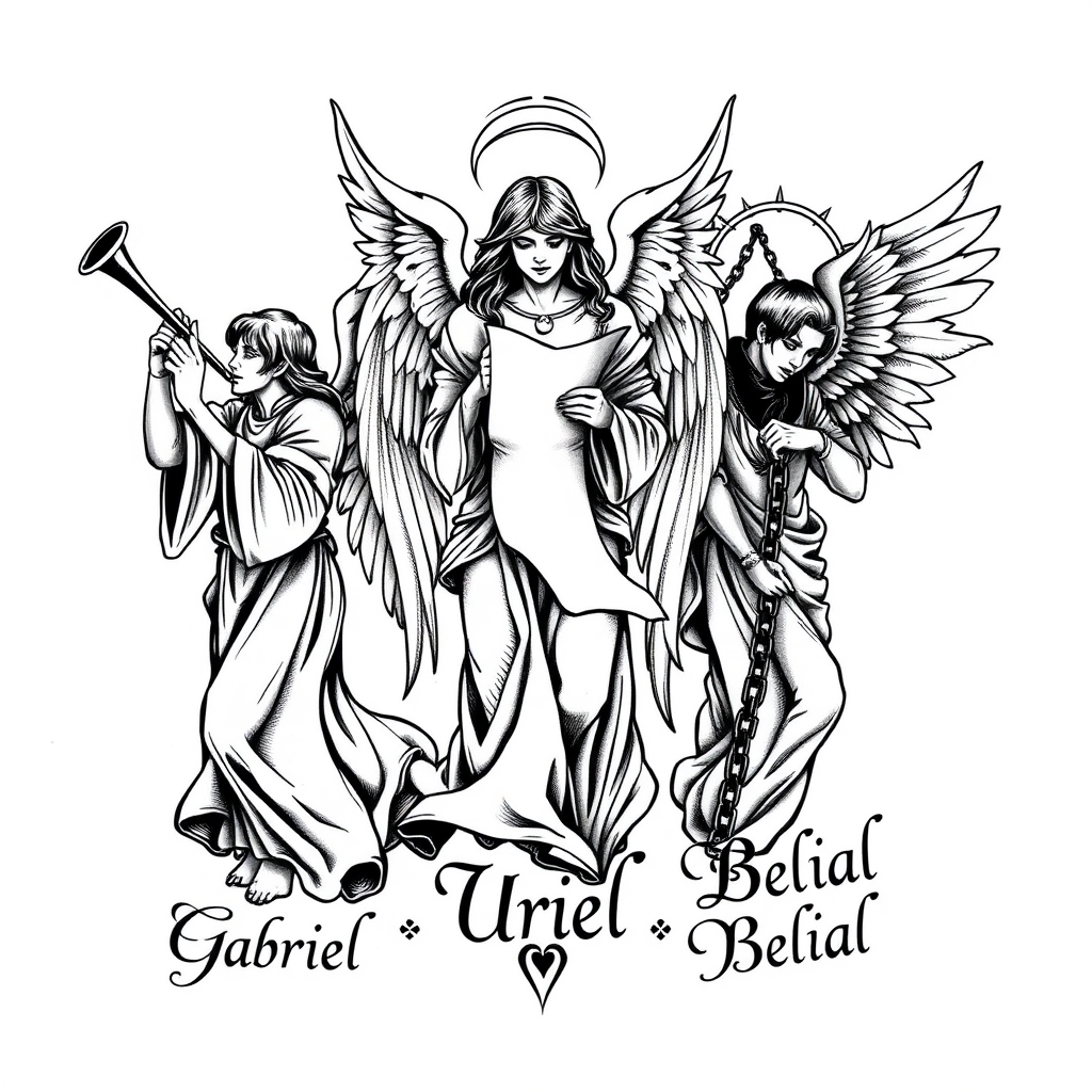 Realistic tattoo design featuring angels Gabriel, Uriel, and Belial, each with unique attributes on a solid white background.