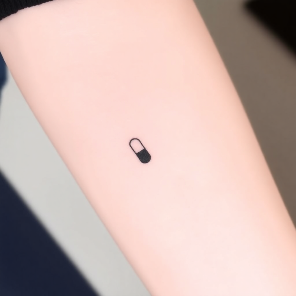 Minimalist single black ink pill tattoo, small size, on solid white background.
