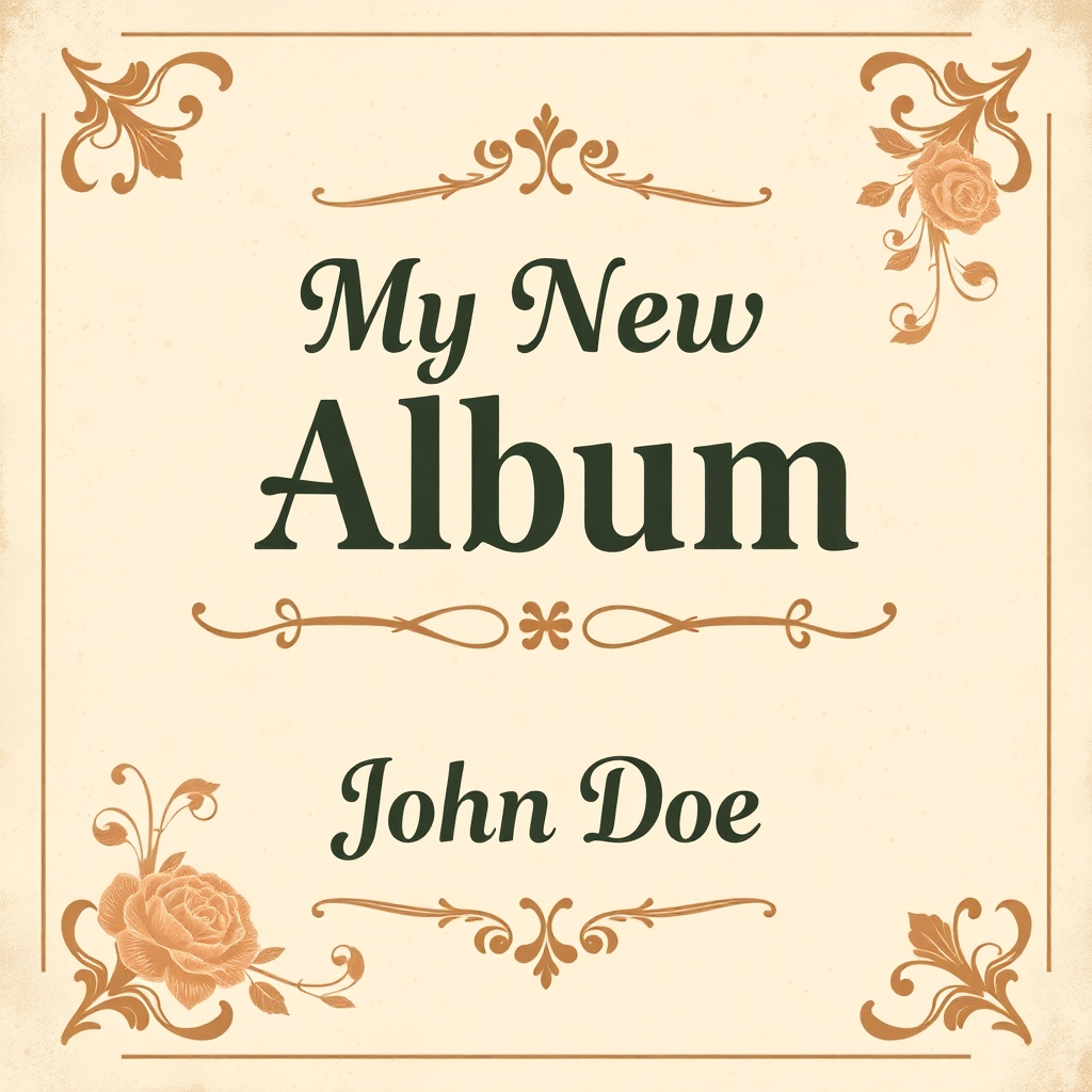 Vintage album cover featuring "My New Album" by John Doe in elegant typography with a faded cream and brown textured background.