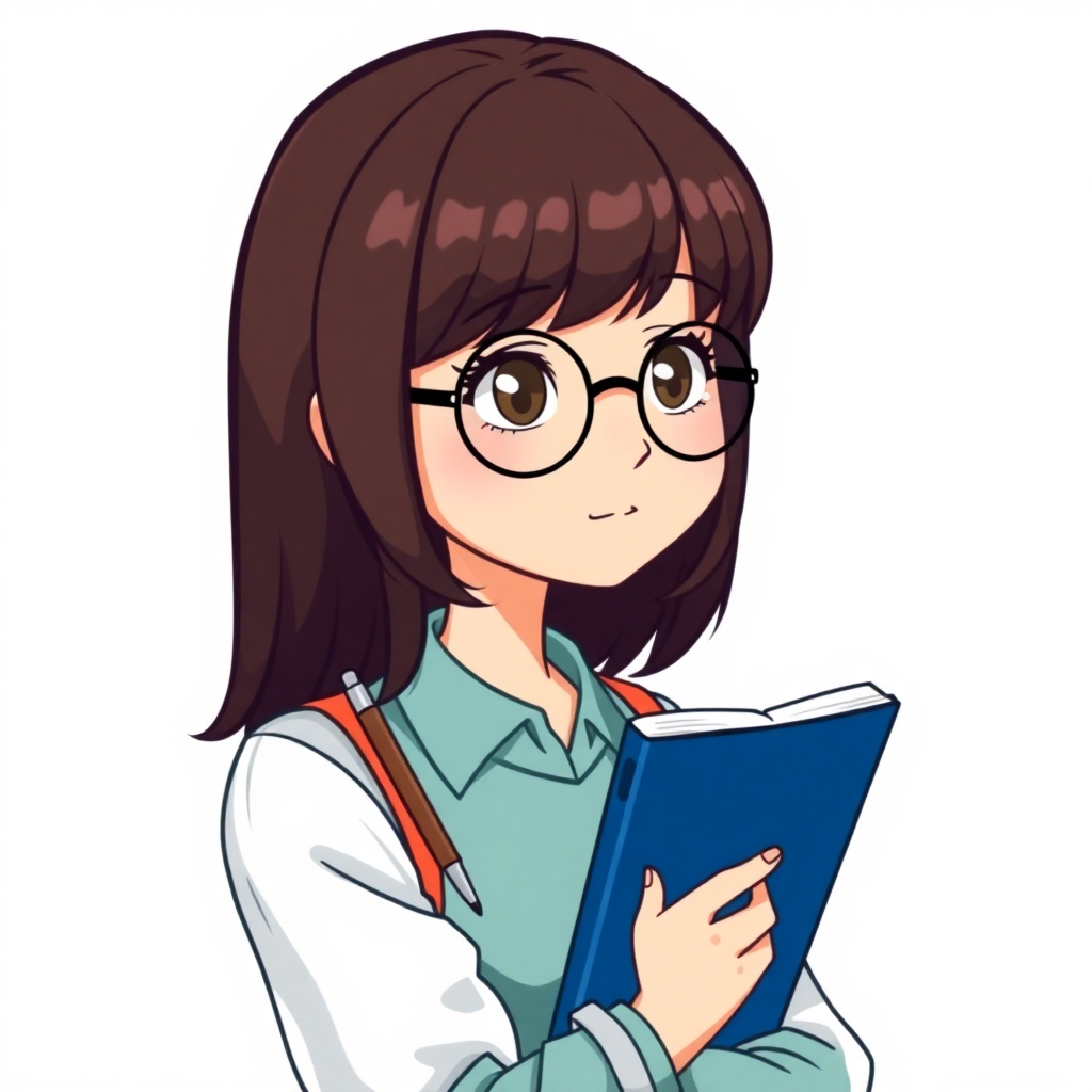 Brunette young adult with bangs and round glasses, holding a pen, lost in thought as a cute cartoon avatar writer.