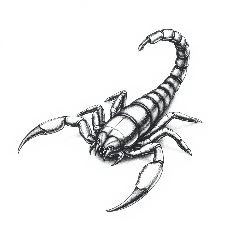 Realistic medium-sized scorpion tattoo sketch with detailed shading on a solid white background, ideal for tattoo design inspiration.