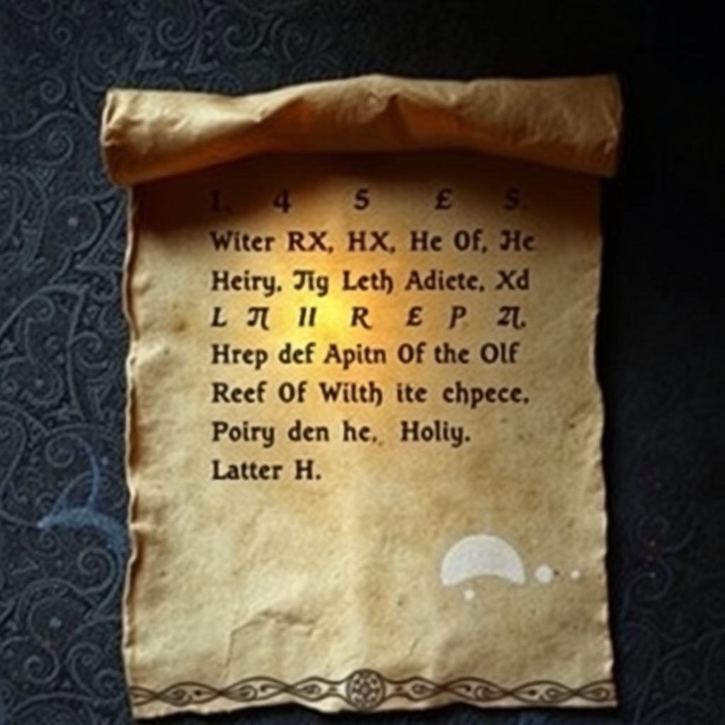 Level 1 spell scroll with ancient runes and mystical symbols, glowing softly, ideal for a random spell generator 5e.