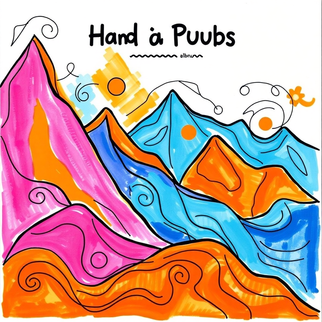 Vibrant hand-drawn album cover featuring stylized mountains in bold colors, conveying adventure and energy with swirling patterns.