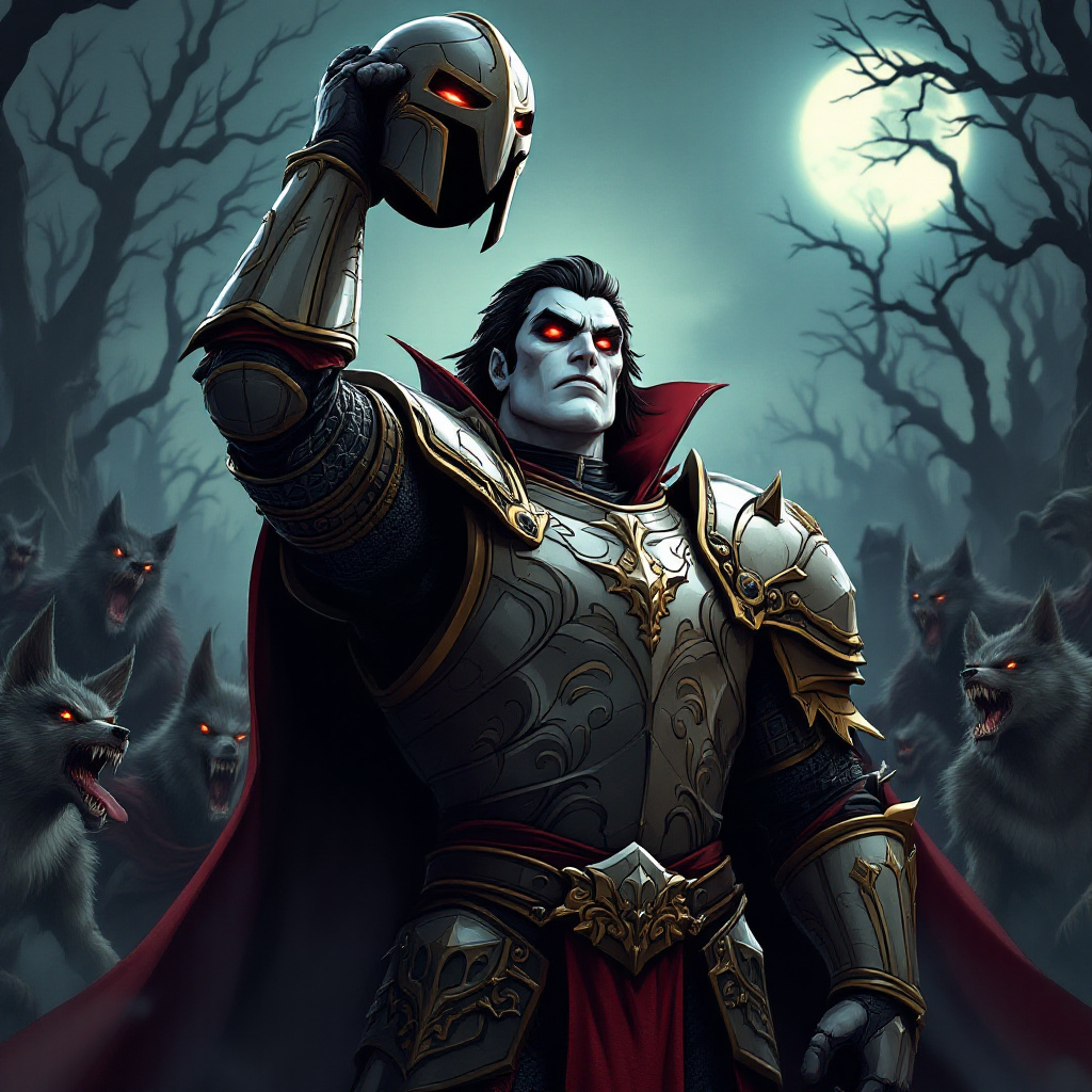 Cartoon vampire Paul Marcus in ornate armor, raises his helmet in a spooky cemetery surrounded by menacing werewolves.