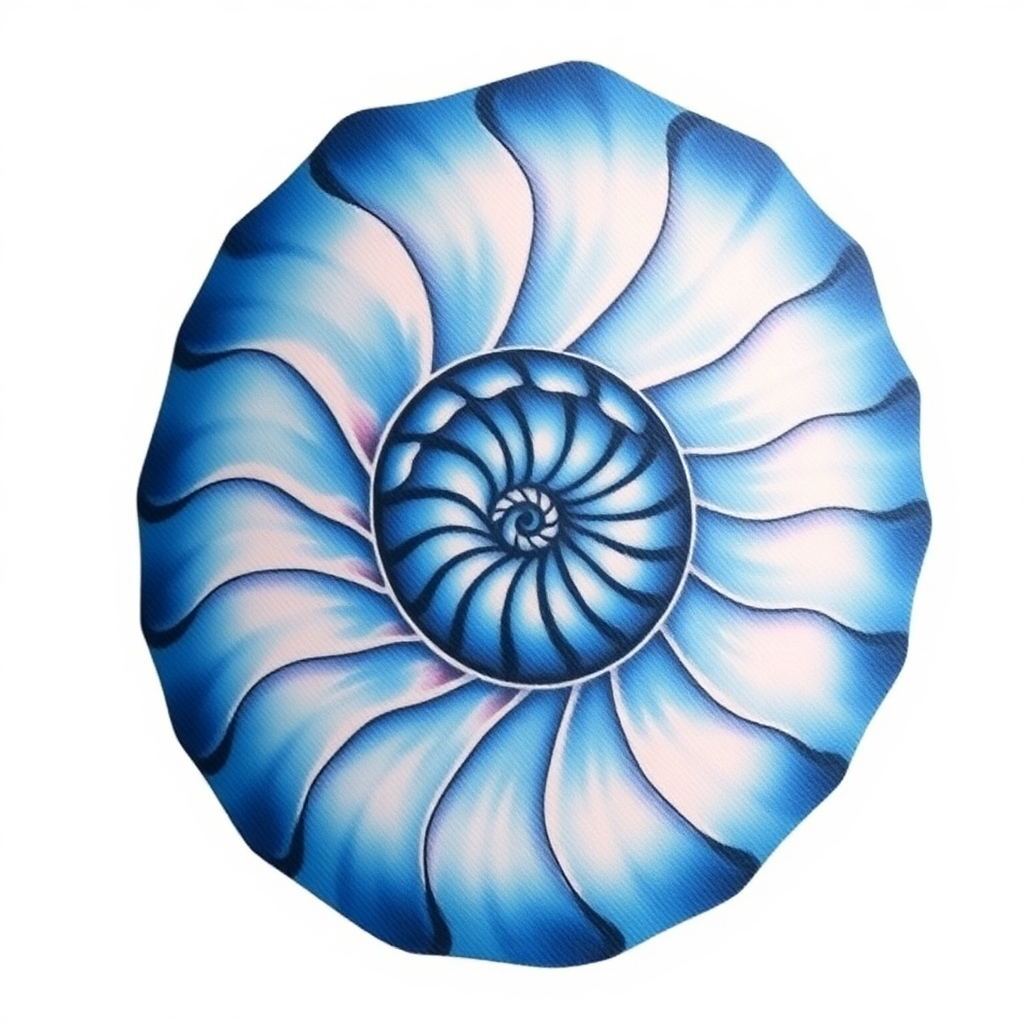 Realistic nautilus shell tattoo in blue hues showcases intricate details, emphasizing its natural beauty against a white background.