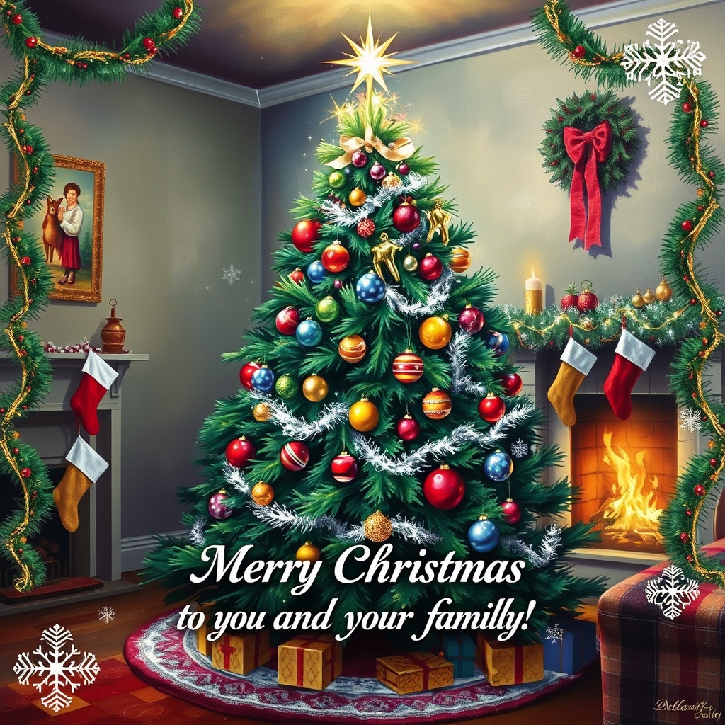 A beautifully adorned Christmas tree in a cozy living room, featuring vibrant ornaments, a glowing star, and festive decorations.