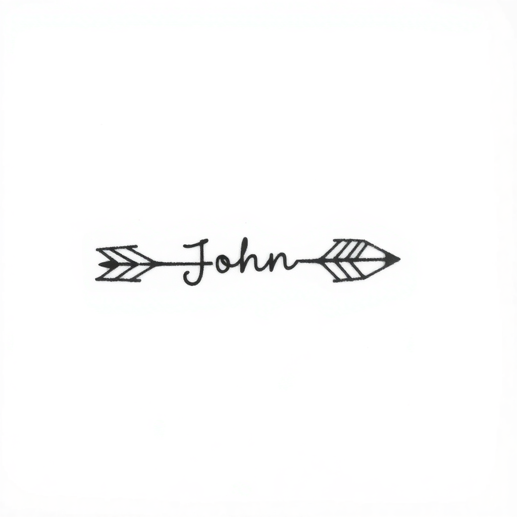 Minimalist black and white arrow tattoo with the name "John" in a small size on a solid white background
